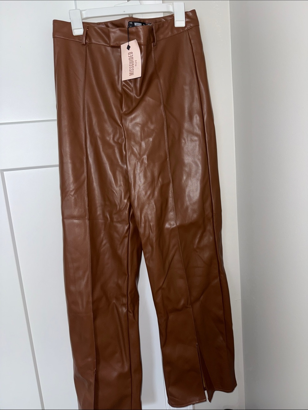 Missguided Women's Brown Faux Leather Straight Leg Pants